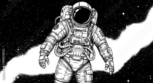 An astronaut in outer space illustration template design. Monochrome vector. Transparent background EPS version.