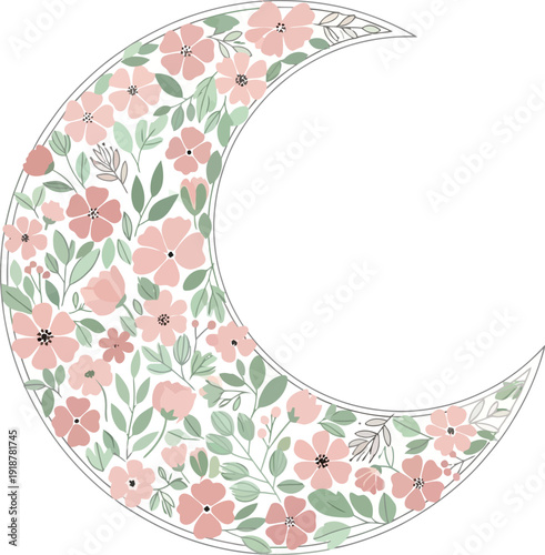Floral crescent moon shape is filled with soft pink blossoms.