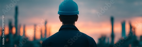 A worker in a blue helmet observes an industrial plant at sunset, highlighting the energy sector and industrial landscape.