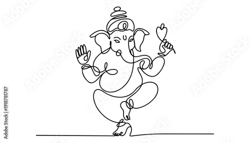 One continuous line illustration of an Lord Ganesha isolated on white background.