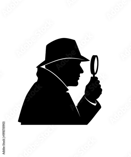 Detective silhouette holding magnifying glass investigating mystery in black and white minimalist style