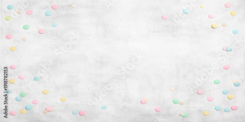 Colorful birthday celebration frame featuring confetti and balloons on a white background with pink floral heart patterns and sweet candy vector art design