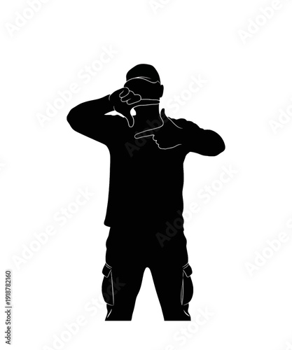 Man in wetsuit scratching head confused isolated on black background minimalist vector illustration