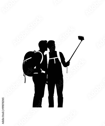 Couple hiking with selfie stick silhouette outdoor adventure travel exploration backpacking