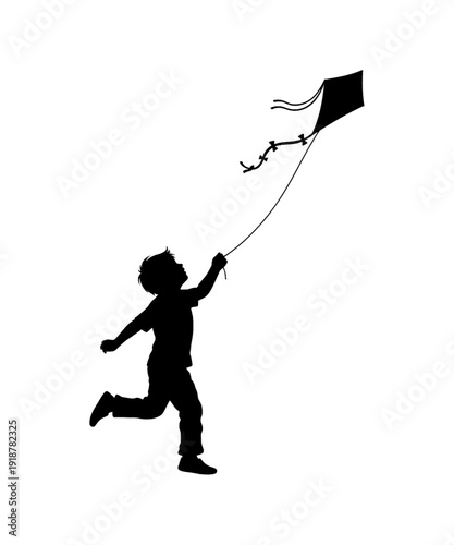 Child flying kite silhouette joyful outdoor playtime black and white minimalist