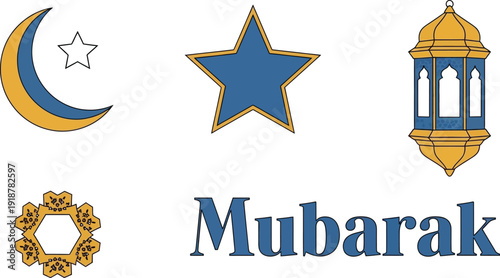 Collection of Islamic holiday symbols including Mubarak text and star.