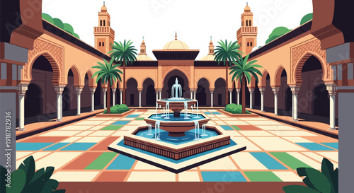 Ornate Islamic courtyard features a central tiered water fountain.