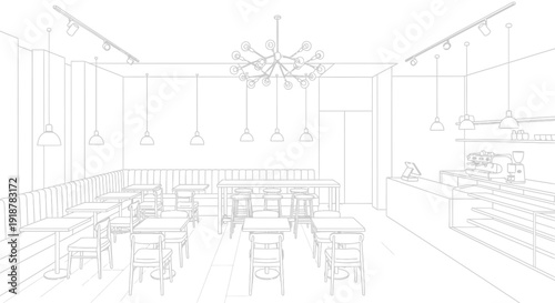 Outline drawing of a modern minimalist coffee shop interior featuring various seating arrangements and a fully equipped service counter area