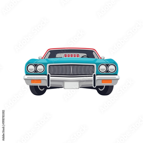 Illustration of a vintage turquoise taxi cab with red and silver accents, facing forward against a clean white background.