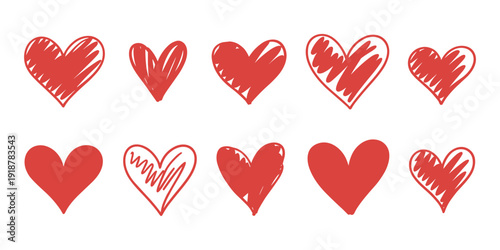 Red hand drawn hearts on white background red heart symbol