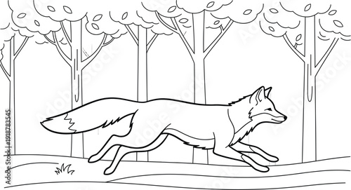 Simple black and white outline drawing illustrating a wild fox energetically running swiftly through a dense woodland forest environment