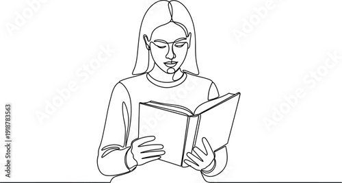 Continuous line drawing illustrates a young woman deeply engrossed in reading an open book with focused attention against a minimalist white background