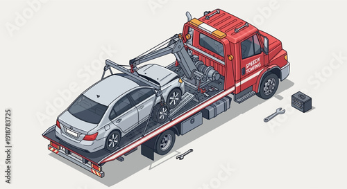 Isometric illustration of a red tow truck transporting a damaged silver sedan on its flatbed, with tools nearby.