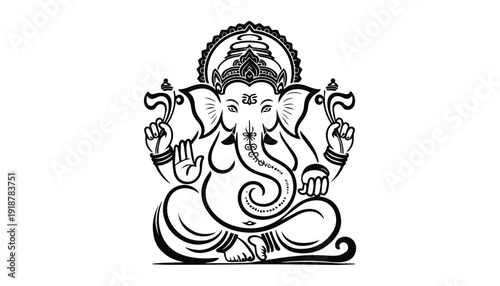 One continuous line illustration of an Lord Ganesha isolated on white background.