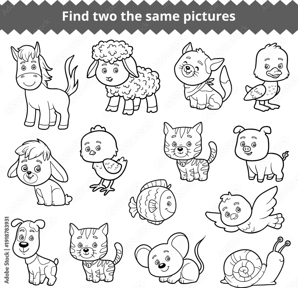 Obraz premium Find two the same pictures educational game for children with cute farm animals. Black and white matching activity worksheet for preschool kids. Fun printable puzzle for attention and visual skills