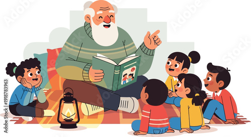 Grandfather storyteller delights diverse children with an exciting book.