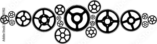 Interlocking Black Gears Mechanism on White Background, Industrial Engineering Concept Illustration