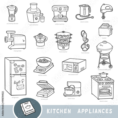 Black and white set of kitchen appliances with names in English. Collection of vector household items in outline style. Colorless visual dictionary worksheet for kids learning vocabulary and objects.