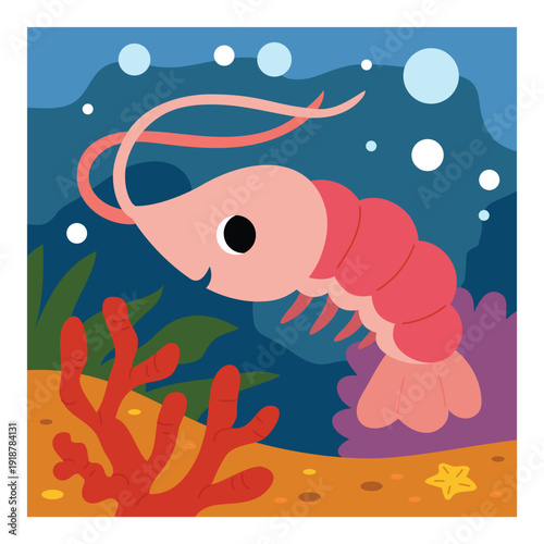 Cute shrimp and ocean background in flat style. Bright summer sea scene with sand and underwater elements. Vector illustration for kids design marine themes and vacation projects.