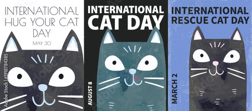 International Cat Day, Rescue Cat Day, Hug your Cat Day poster pack. Vector illustration series with cute cats for postcard, print, cover, brochure in retro, vintage, watercolor style