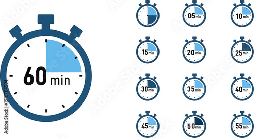 Set of Stopwatch Icons Illustrating Various Time Intervals from Zero to Sixty Minutes
