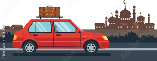 Red sedan car travels toward a large mosque with luggage on its roof.