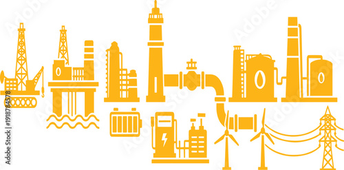 Industrial Energy and Oil Refinery Vector Silhouette with Power Plant, Drilling Rig, Wind Turbines, Factory Buildings and Electricity Transmission Infrastructure.