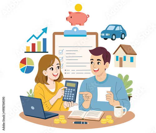 Happy Couple Planning Budget and Savings Together – Personal Finance and Financial Goals Flat Vector Illustration. Couple Budget Planning and Saving Money Flat Vector Illustration.