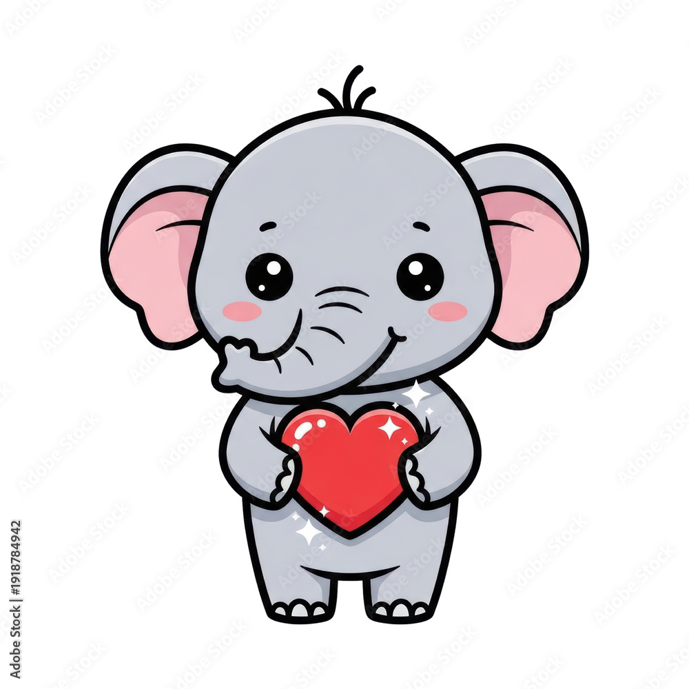 Fototapeta premium Cute baby elephant cartoon character holding a sparkling red heart, depicted in a sweet and endearing style with a soft grey body and pink ears. isolated PNG with Transparent Background