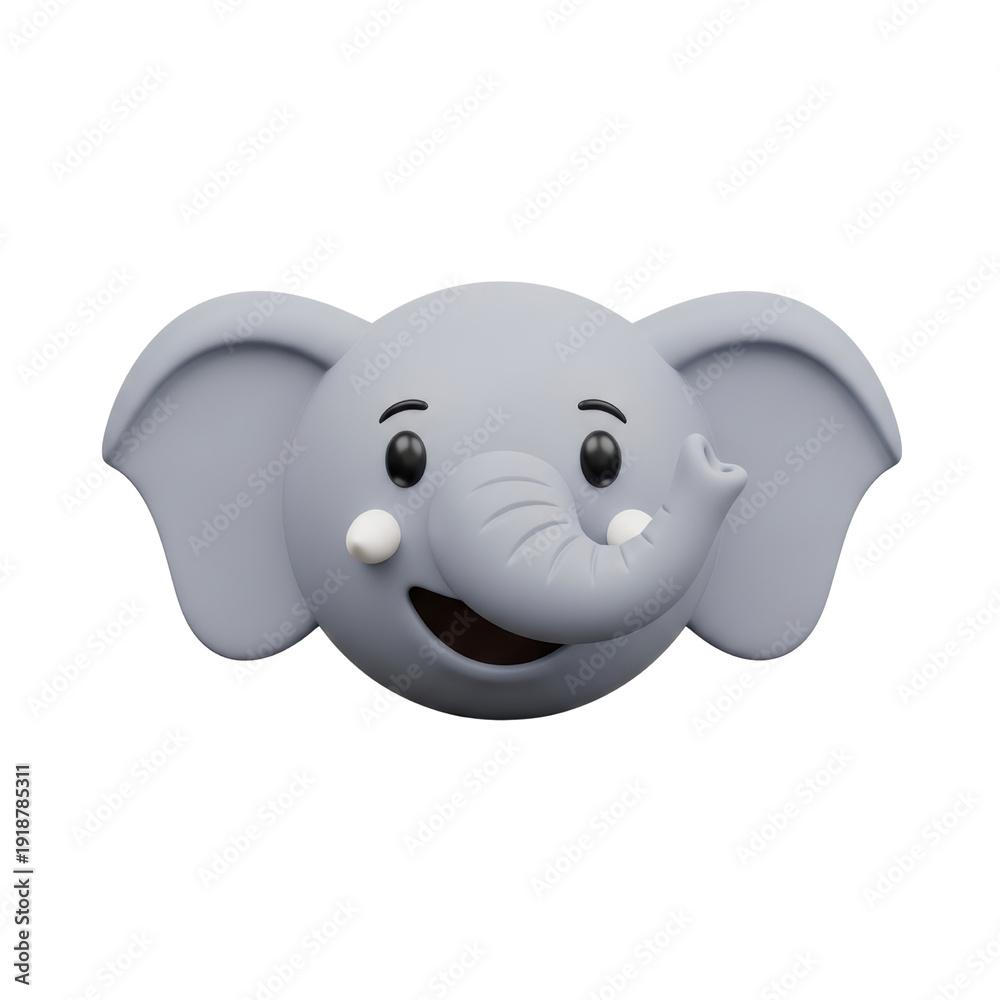 Obraz premium Cute 3D render of a baby elephant's head with a smiling expression, featuring large ears, a curled trunk, and small black eyes, isolated. isolated PNG with Transparent Background
