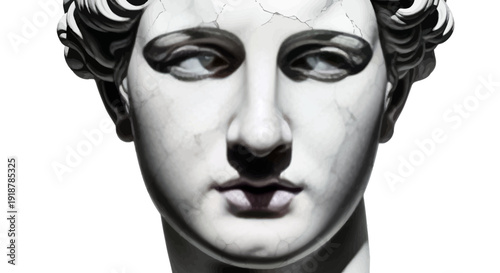 Close-up of a marble statue of a woman's face with a serene expression.