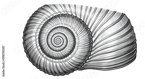Detailed black and white illustration of a seashell spiral.