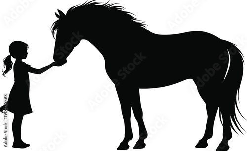 Black silhouette of little girl petting horse white background child