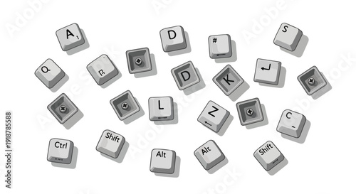 A collection of scattered keyboard keys with letters on a white background, with a focus on loose keycaps, showcasing a disorganized arrangement of typing components.