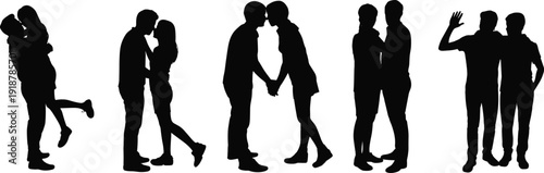 Black silhouettes of couples in various romantic poses love relationships