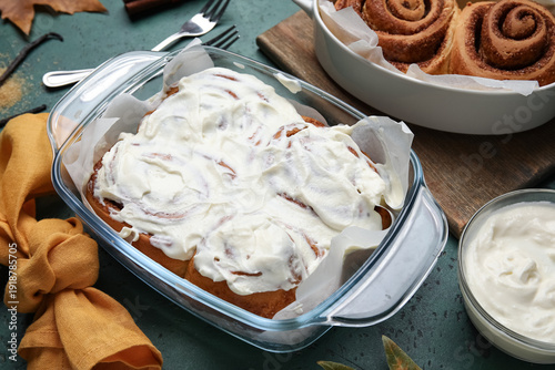 Baking dishes of tasty cinn...