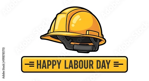 Happy labour day celebration with yellow hard hat and sign on white background
