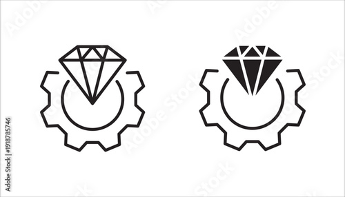 Minimalist line icon of a diamond above a gear. Concept of premium service, quality settings, luxury customization, value optimization, and high standard configuration. Simple outline vector isolated 