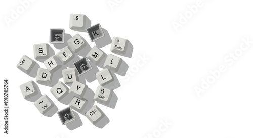 Close-up of scattered gray and black letter blocks with white and black letters on a clean white background with a minimalist aesthetic.
