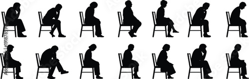 Black silhouettes of people sitting on chairs in various poses