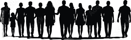 Black silhouettes of people standing in a line group