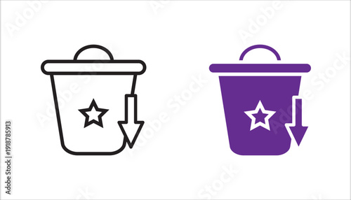Minimalist line icon of a bucket with a star and downward arrow. Concept of removing favorites, deleting saved items, cleaning wishlist, and managing bookmarked content. Simple outline vector isolated
