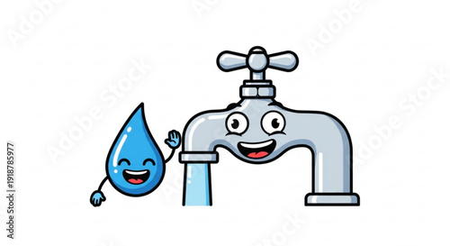 Smiling Water Droplet and Faucet with Happy Faces, Isolated on White Background, Cartoon Style