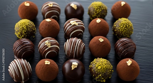 Gourmet collection of assorted handcrafted dark chocolate truffles featuring various rich toppings including delicate gold leaf accents and vibrant pistachio dust presented elegantly on slate