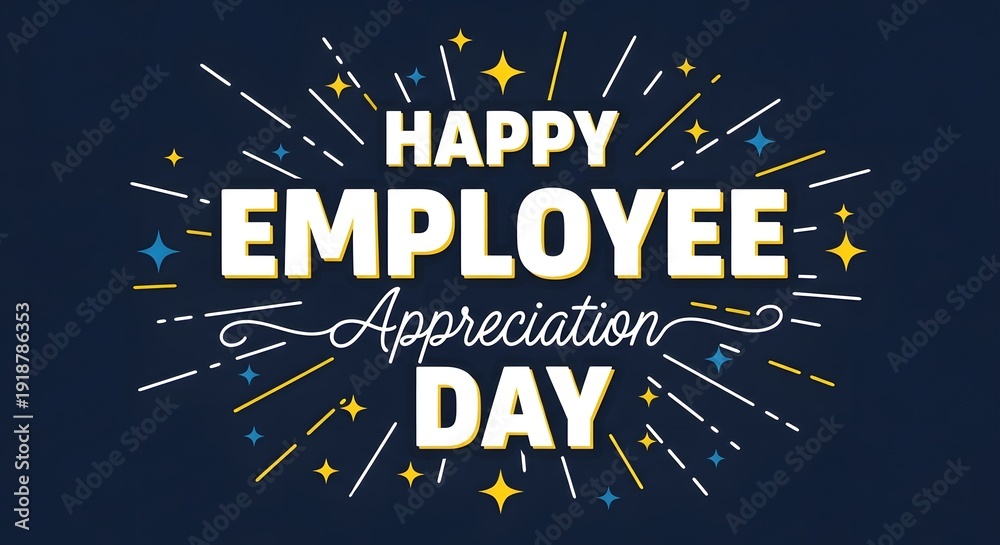 Fototapeta premium Happy employee appreciation day with colorful starburst design on dark blue background