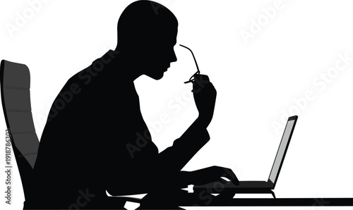 Man sitting at desk with laptop and glasses silhouette black computer