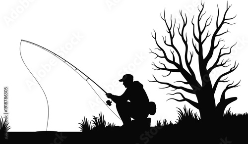 Man fishing with bent rod beside bare tree silhouette black white