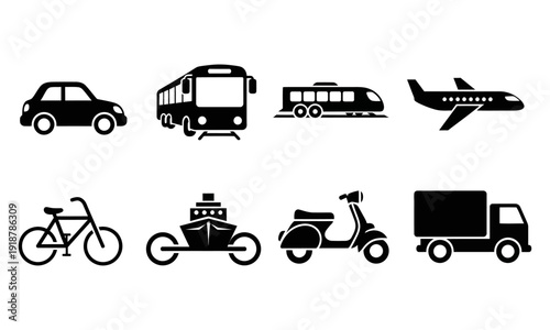 Flat design vehicle icons set, cars, trucks, motorcycles, boats, planes, bikes vector graphics