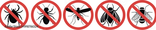 No bugs allowed signs with red circle and line through insect silhouettes prohibition