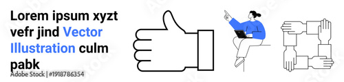 Teamwork, approval, digital collaboration, remote work, communication, graphic design. Hand thumbs up, joined hands symbol and laptop user. Teamwork and approval concepts for collaboration